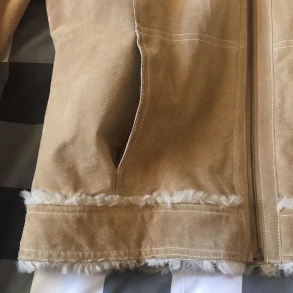 Womens WILSONS LEATHER Suede Camel Tan SHERPA Faux Fur Quilted Jacket Sz Large L - Picture 4 of 16